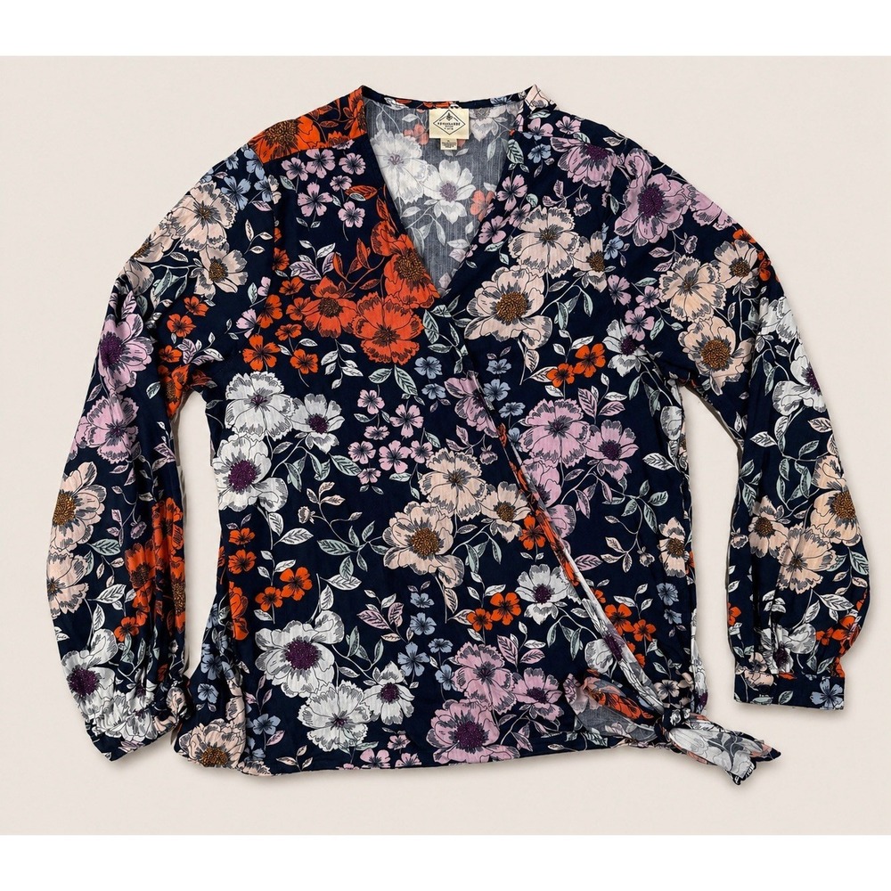St John's Bay Floral Wrap Blouse Womens Large Navy Pink Orange Boho Cottagecore